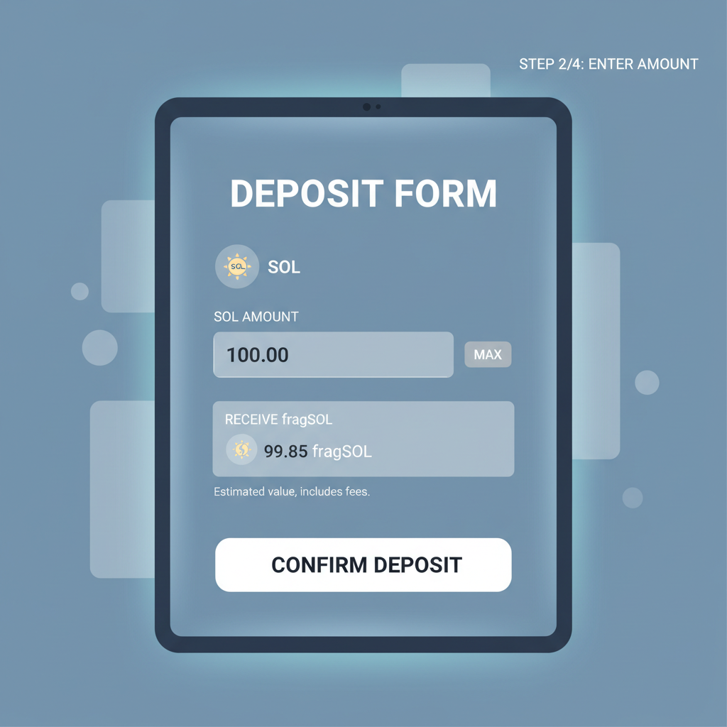 DeFi deposit form with SOL input field and fragSOL preview, sleek digital interface
