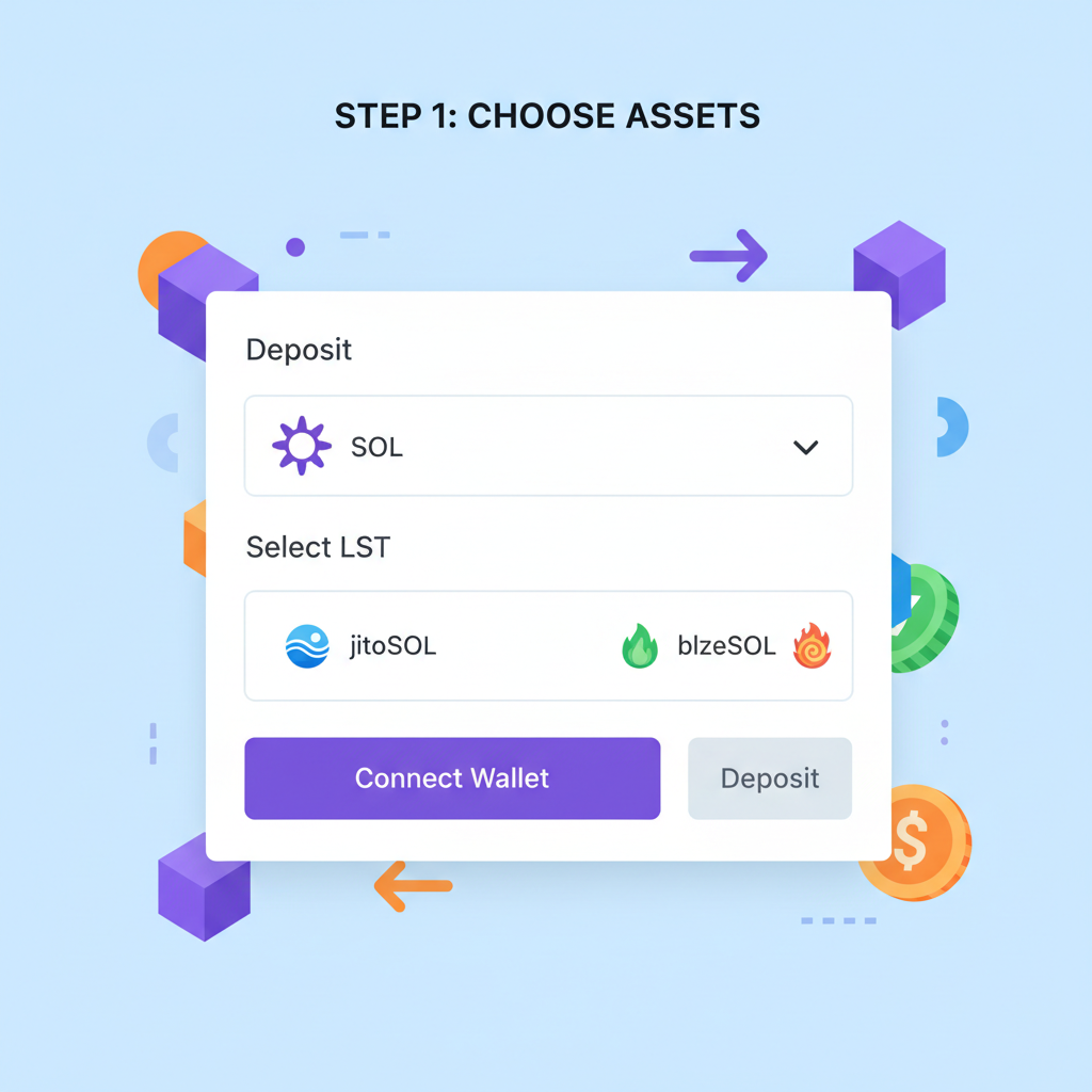 Solana DeFi interface showing SOL and LST dropdown menu for deposit, vibrant crypto icons