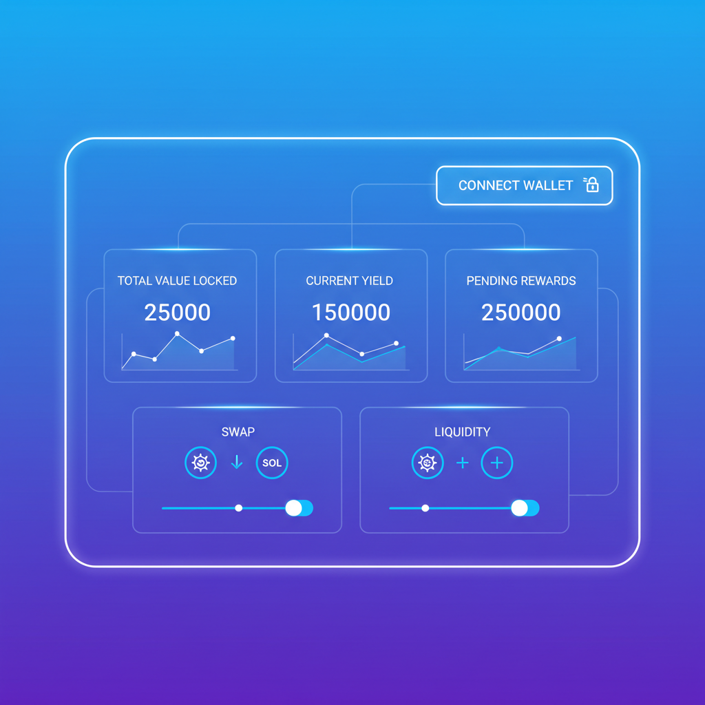 clean UI of Solana DeFi dashboard with wallet connect button, futuristic neon blues and purples