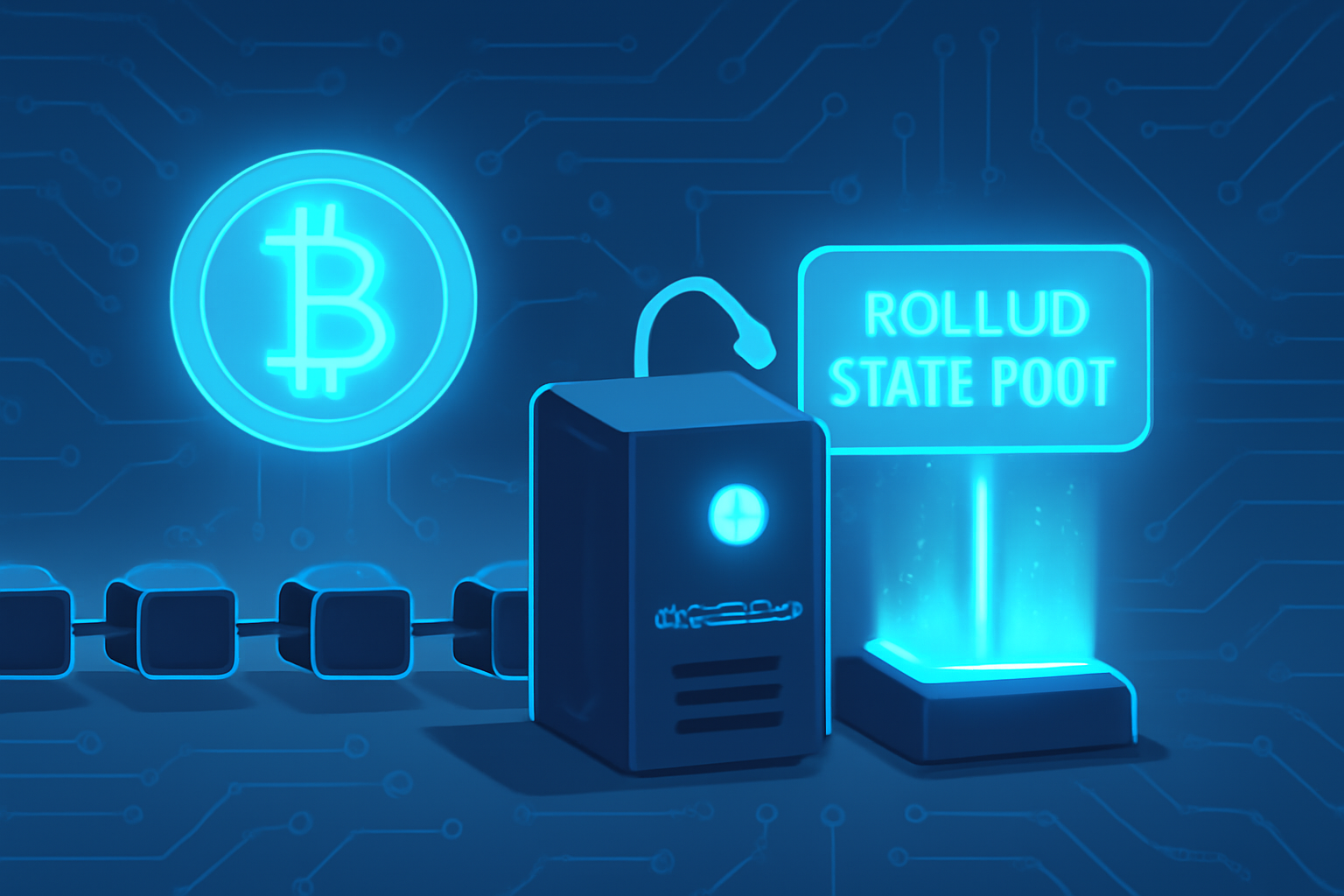 Bitcoin blockchain with glowing rollup state root being inscribed by sequencer node, futuristic crypto tech art, blue tones
