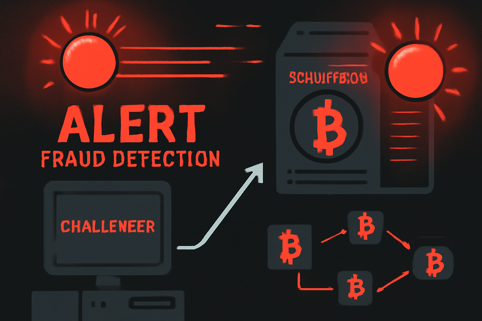Alert fraud detection on Bitcoin network, challenger node activating dispute against faulty sequencer, dynamic red warning lights, cyberpunk style
