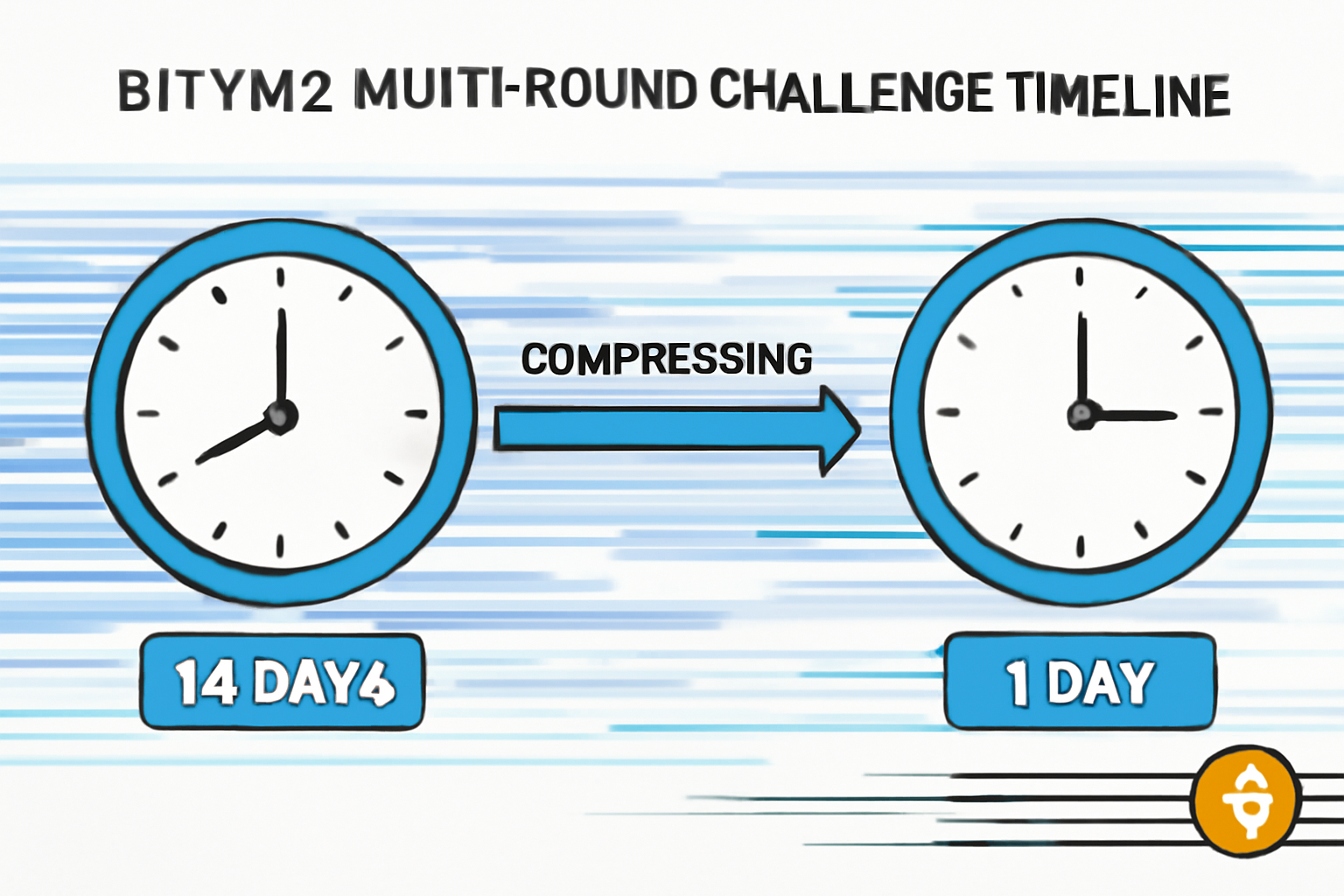 BitVM2 multi-round challenge timeline compressing from 14 days to 1 day on Bitcoin chain, speed lines and clocks, high-tech diagram art