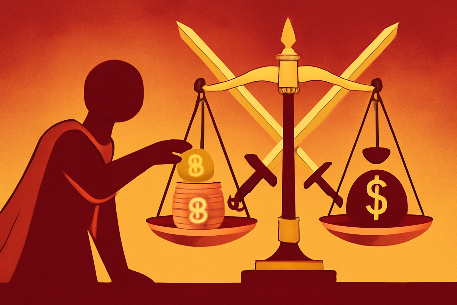 Challenger staking coins with slashing swords and bounty rewards on scales of justice, Bitcoin symbols, dramatic gold and red crypto illustration
