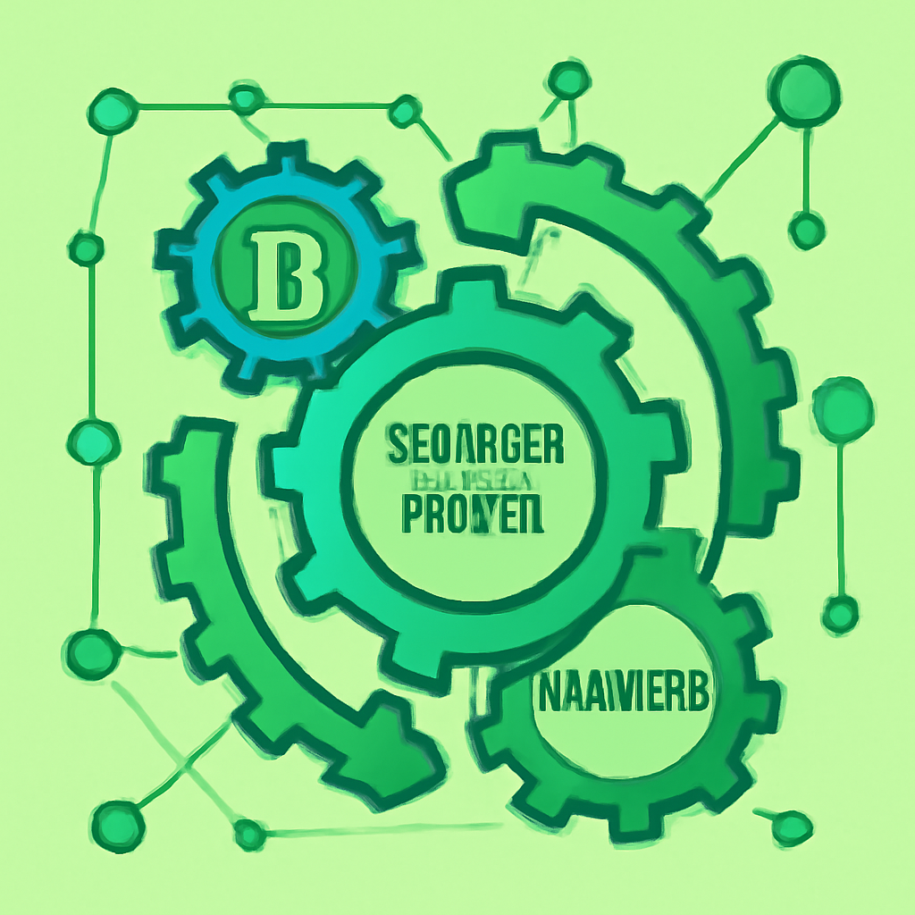 Rotating operator roles in a decentralized wheel: sequencer prover challenger on Bitcoin network, gears and nodes connecting, vibrant green tech art
