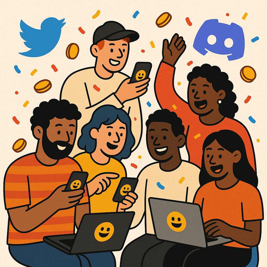 A fun crowd of people sharing memes on phones and laptops, with Twitter and Discord logos, confetti, and cartoon coins flying around.