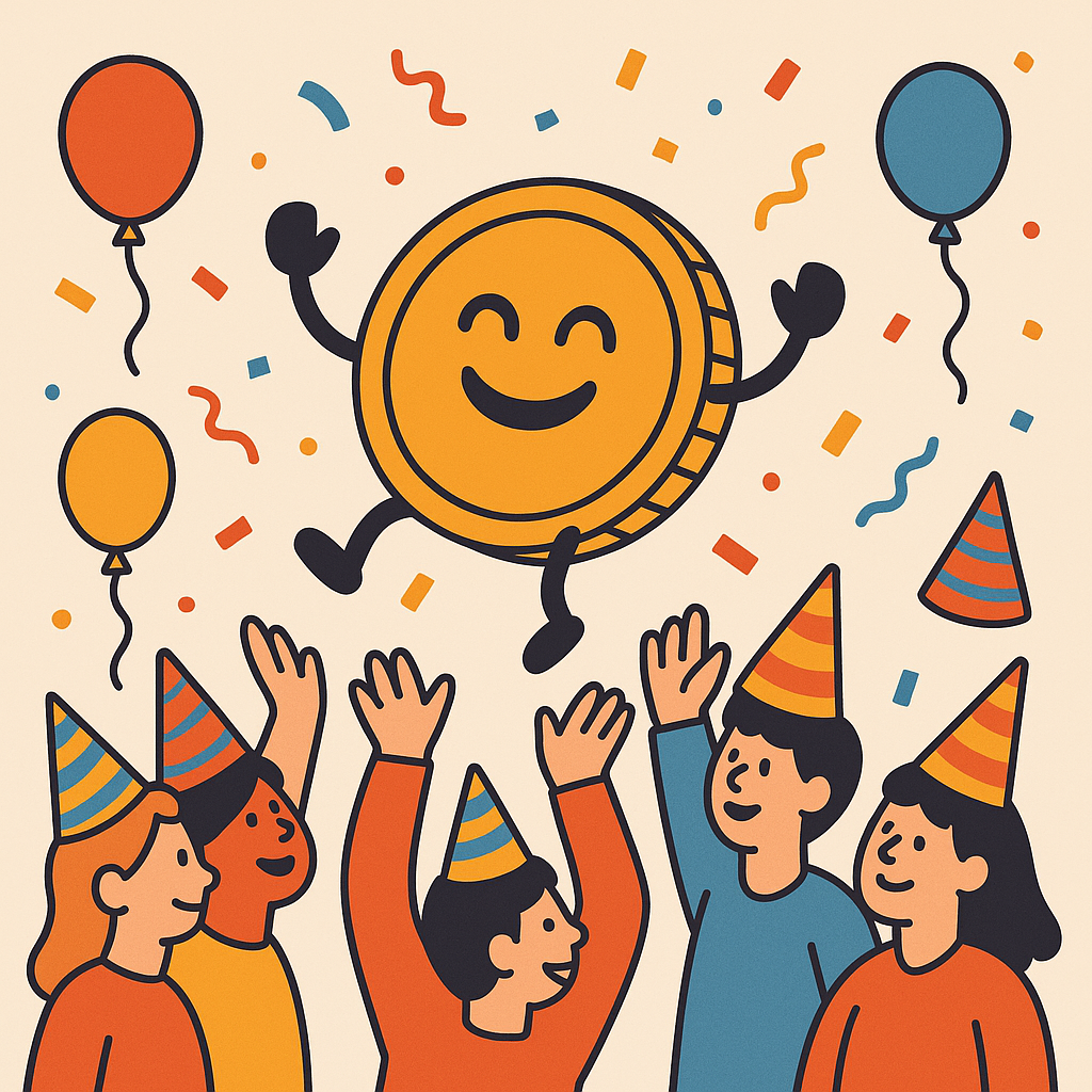 A festive scene with balloons, confetti, and a happy meme coin character being lifted up by a crowd, party hats all around.