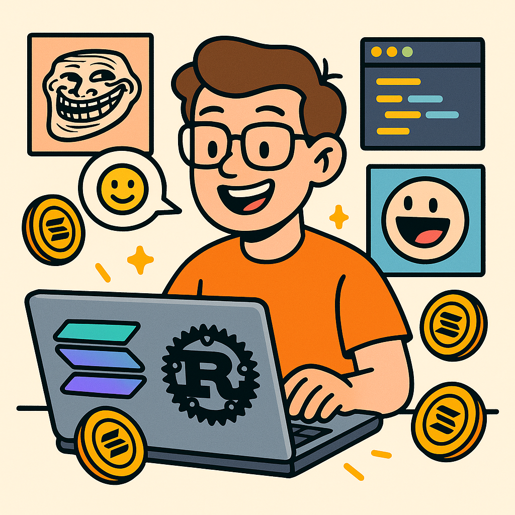 A cartoon developer happily coding on a laptop with Solana and Rust logos, surrounded by memes and coins, in a bright, playful style.