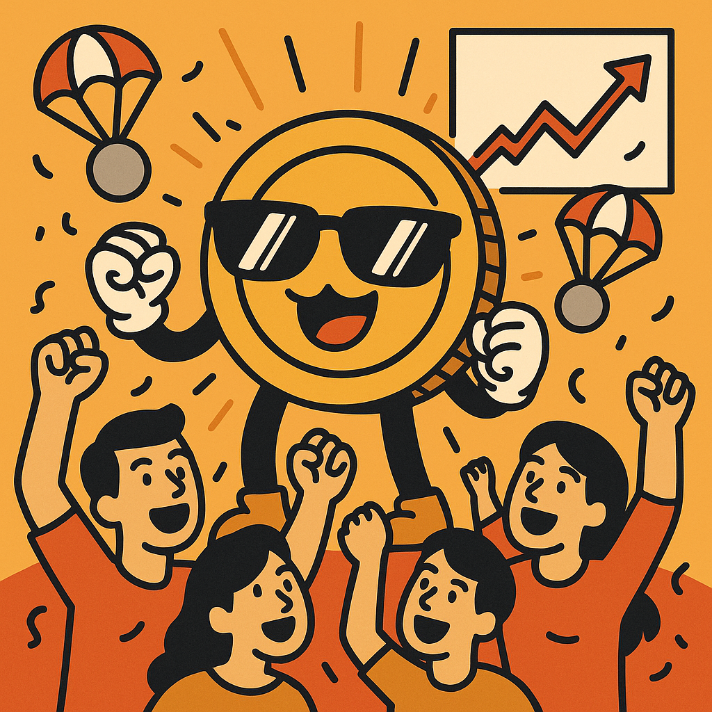 A meme coin mascot wearing sunglasses, surrounded by cheering fans, viral charts, and airdrop parachutes, all in a lively, comic style.
