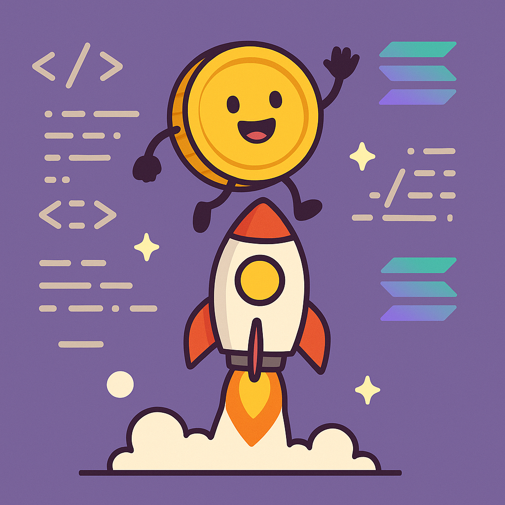 A cheerful coin mascot being launched from a rocket, with lines of code and Solana symbols in the background.