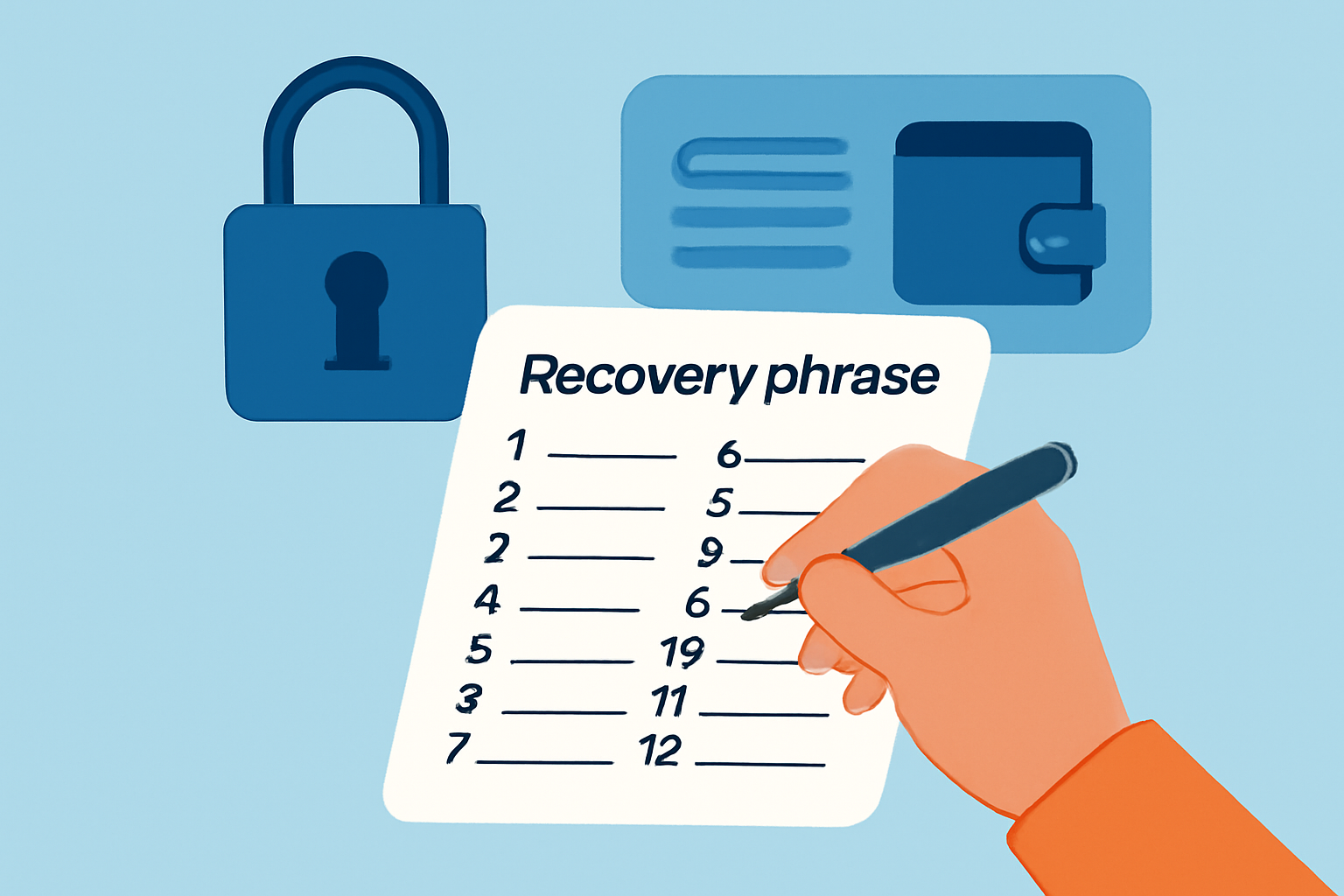 A person writing down a recovery phrase on paper, with a lock symbol and a digital wallet interface in the background.