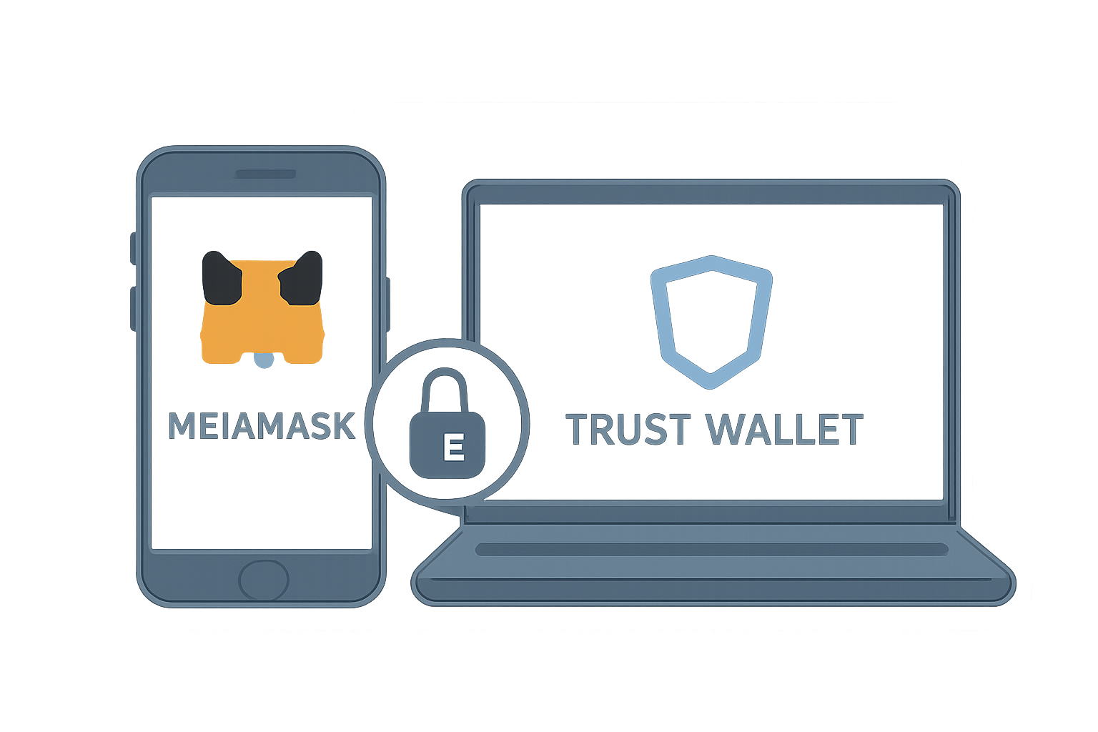 A smartphone and laptop displaying the MetaMask and Trust Wallet logos, with a secure download symbol, modern UI, and a reassuring color scheme.
