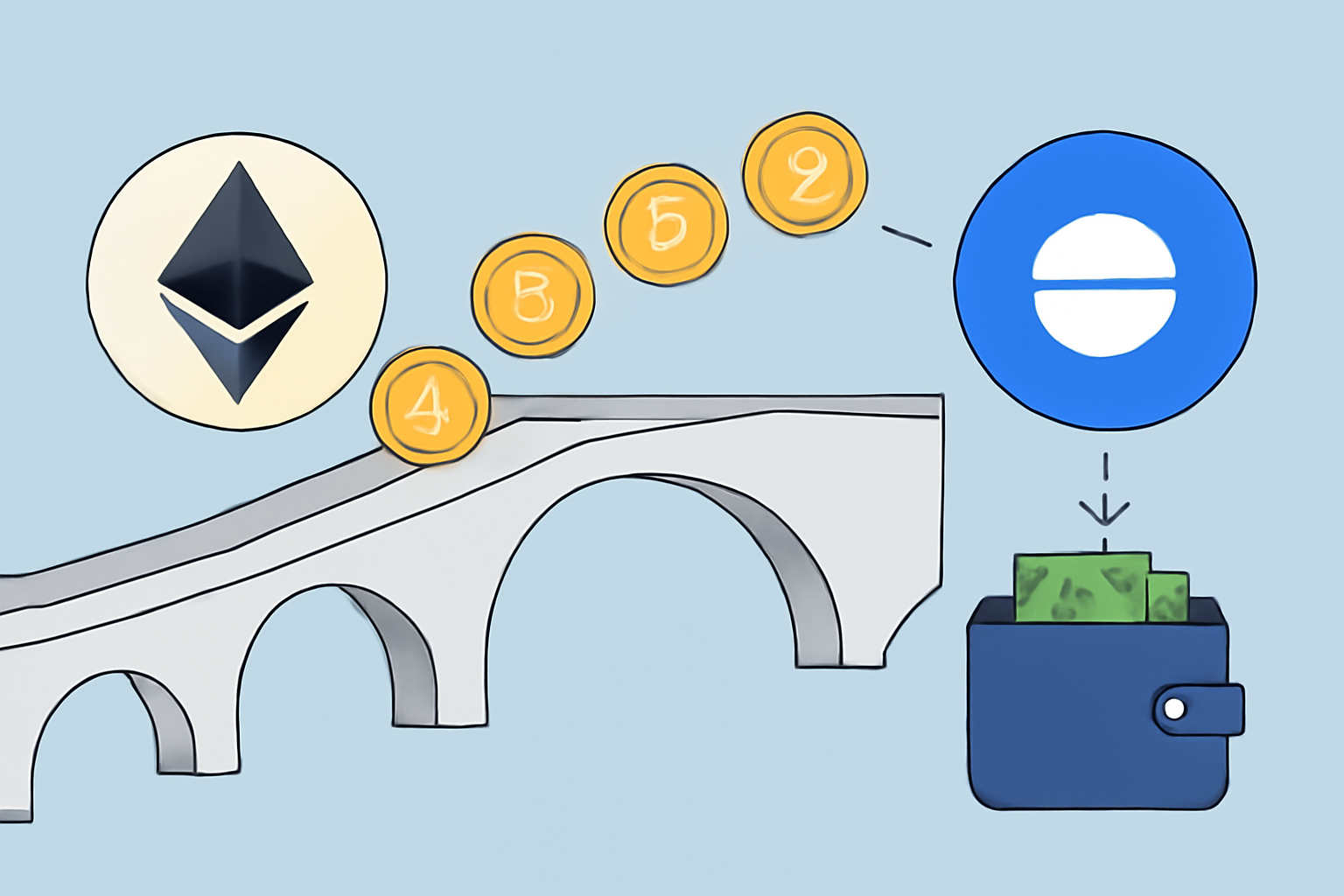 A digital bridge connecting Ethereum and Base logos, with crypto tokens moving across, and a wallet receiving funds securely.