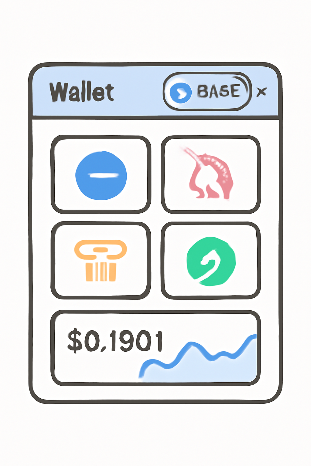 A digital wallet interface showing Base network selected, with DeFi app icons and a price chart displaying $0.1901 for BASE token.