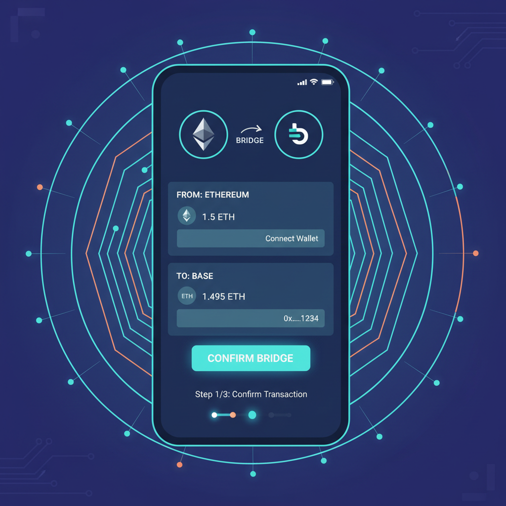 wallet bridging ETH from Ethereum to Base chain via sleek app interface, futuristic crypto bridge glowing