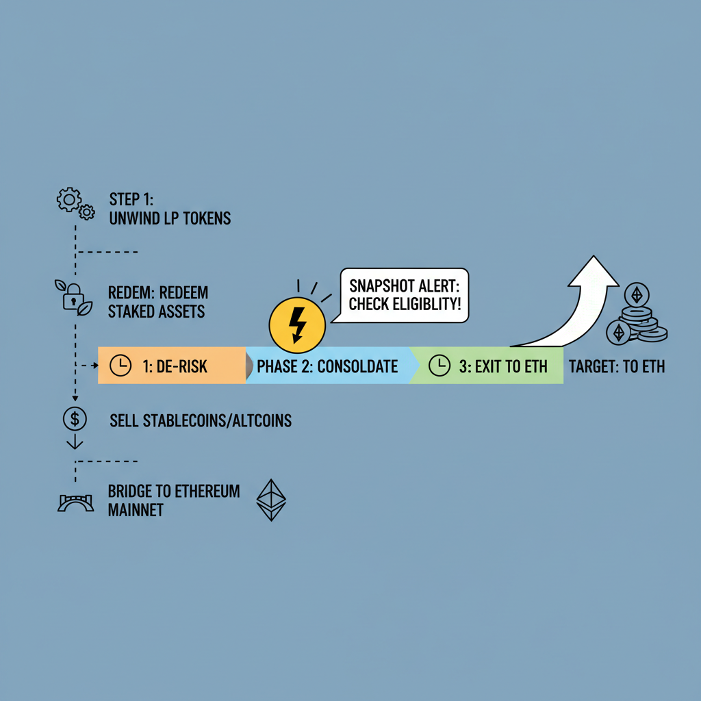 strategic exit from DeFi positions back to ETH, timeline chart with snapshot alert