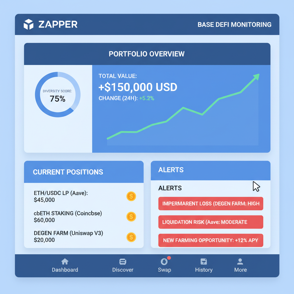 Zapper dashboard monitoring Base DeFi positions, portfolio overview with alerts