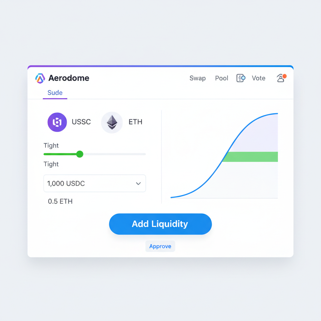 Aerodrome liquidity pool interface adding USDC-ETH LP with tight price range selected, vibrant DeFi visuals