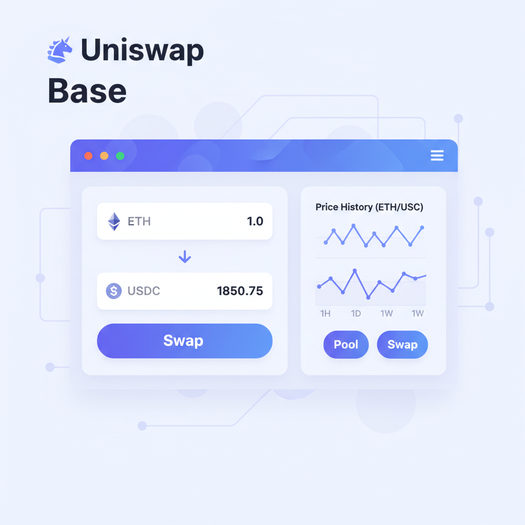Uniswap interface on Base swapping ETH to USDC, clean DeFi dashboard with charts