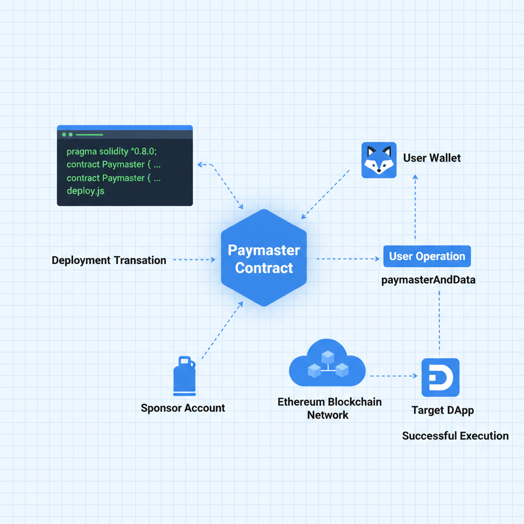 ethereum paymaster contract deployment diagram, code terminal, blockchain network