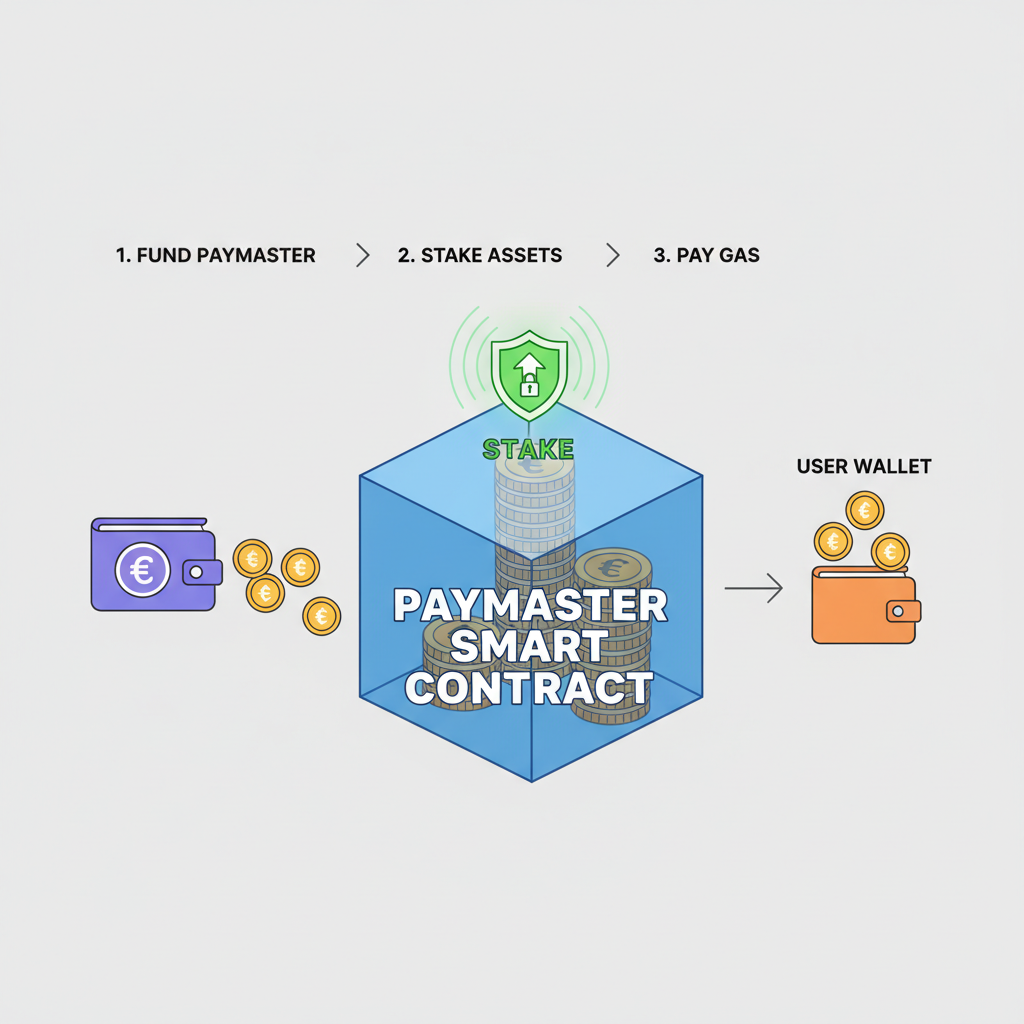 funding ethereum paymaster wallet, coins stacking on smart contract, glowing stake icon