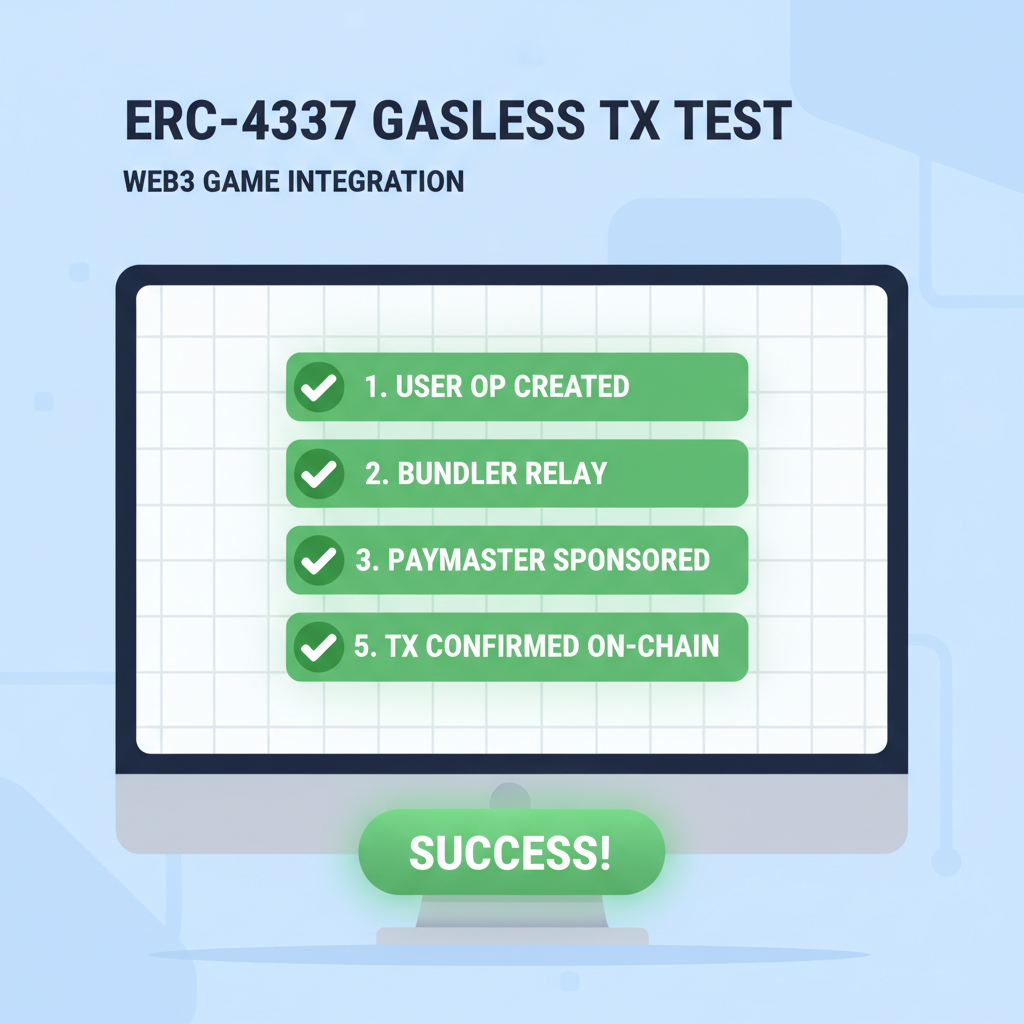 testing erc-4337 gasless tx in web3 game, success checklist green ticks
