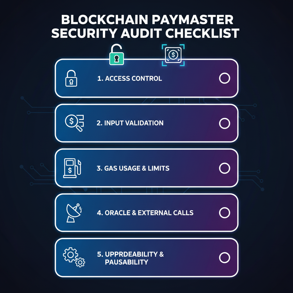 security audit checklist for blockchain paymaster, padlock and scanner icons, dark cyber theme