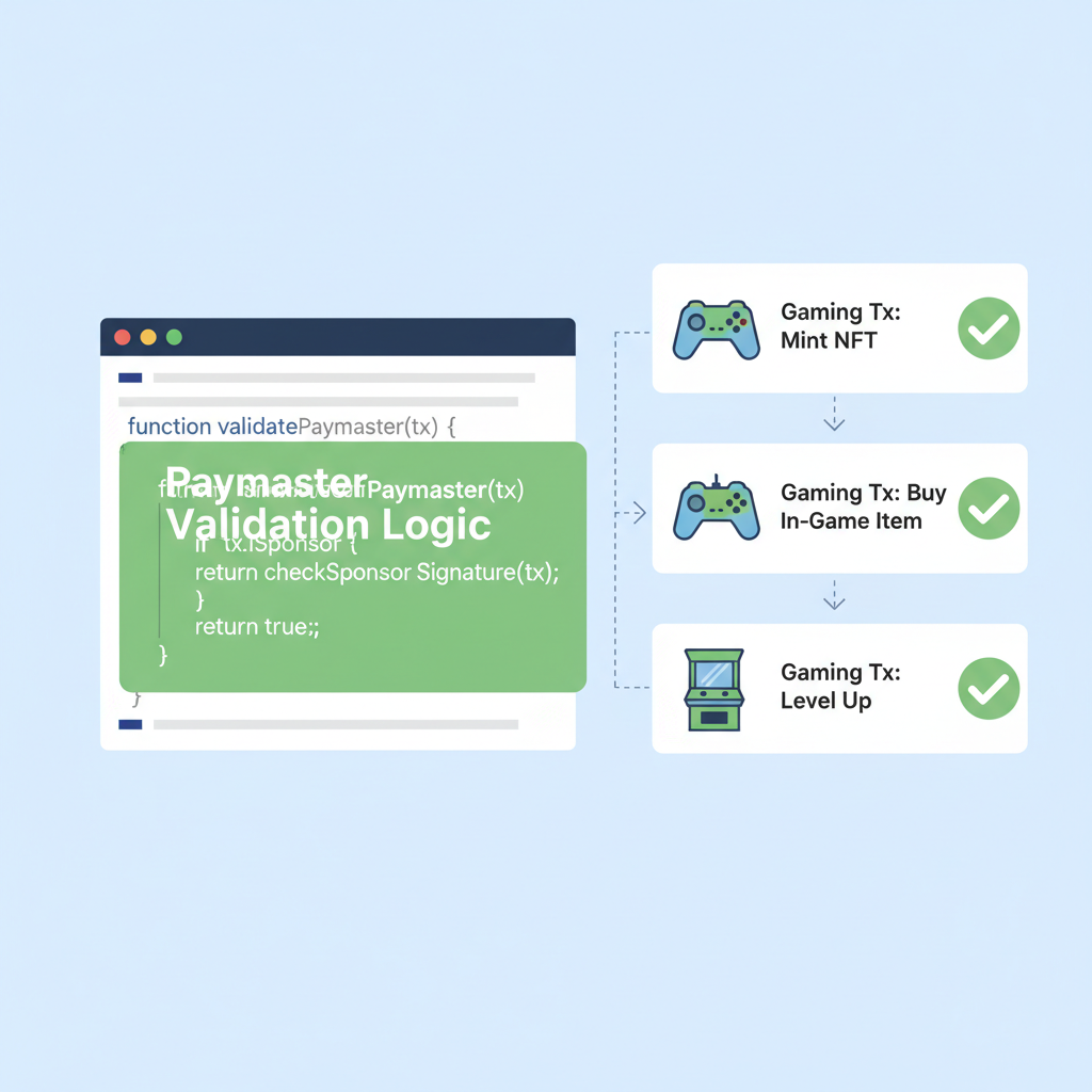 code snippet highlighting paymaster validation logic, green checkmarks on gaming txs