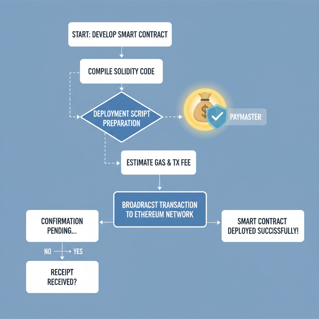 Ethereum smart contract deployment flowchart, paymaster icon glowing, security shield overlay