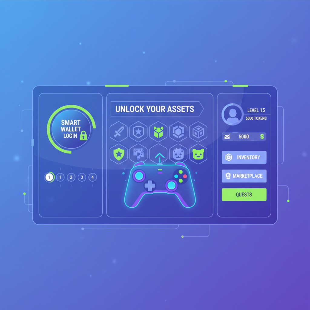 Web3 gaming dashboard with smart wallet login, joystick and NFT icons, futuristic UI