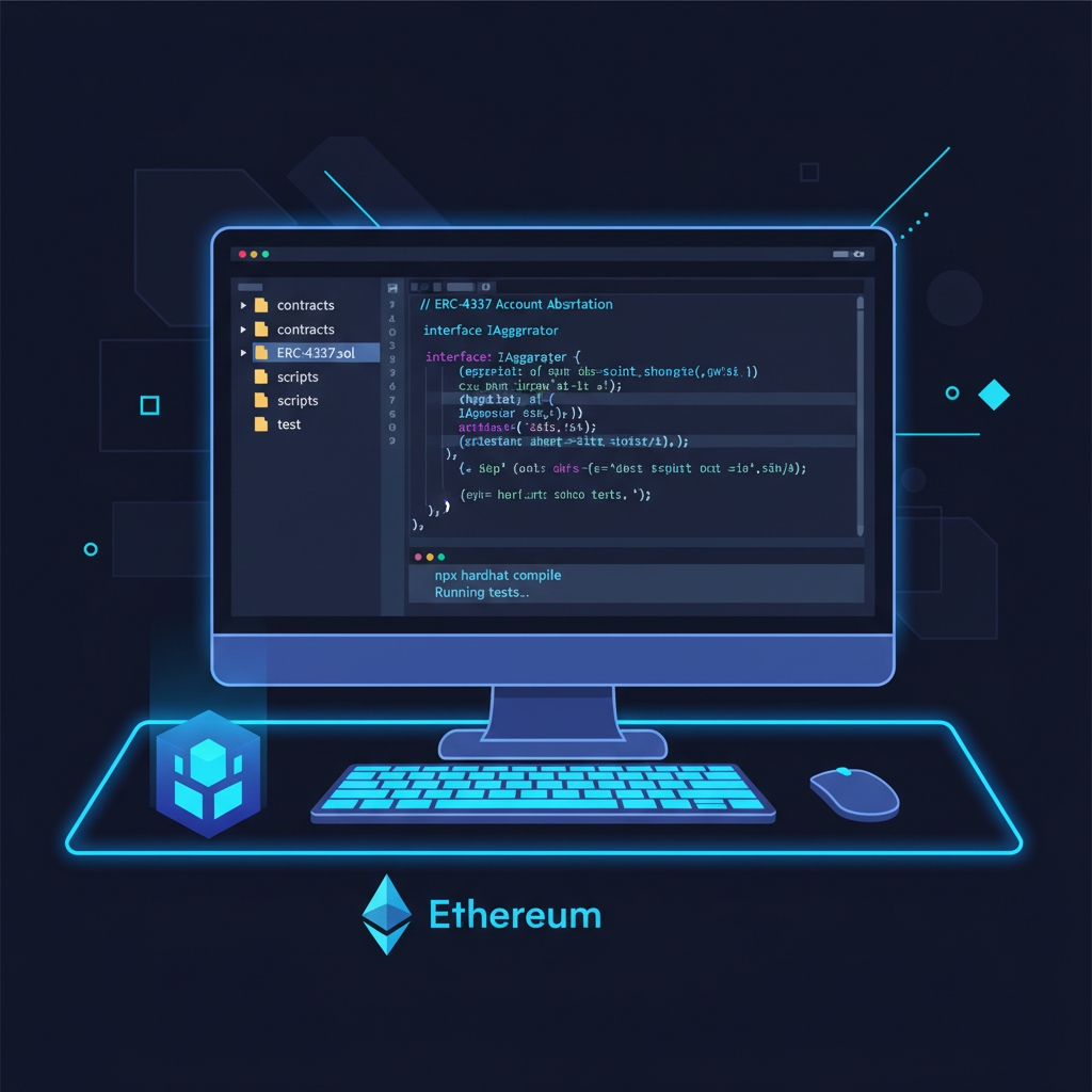 developer workstation with Ethereum Hardhat setup, code editor open to ERC-4337 contracts, neon blue tones