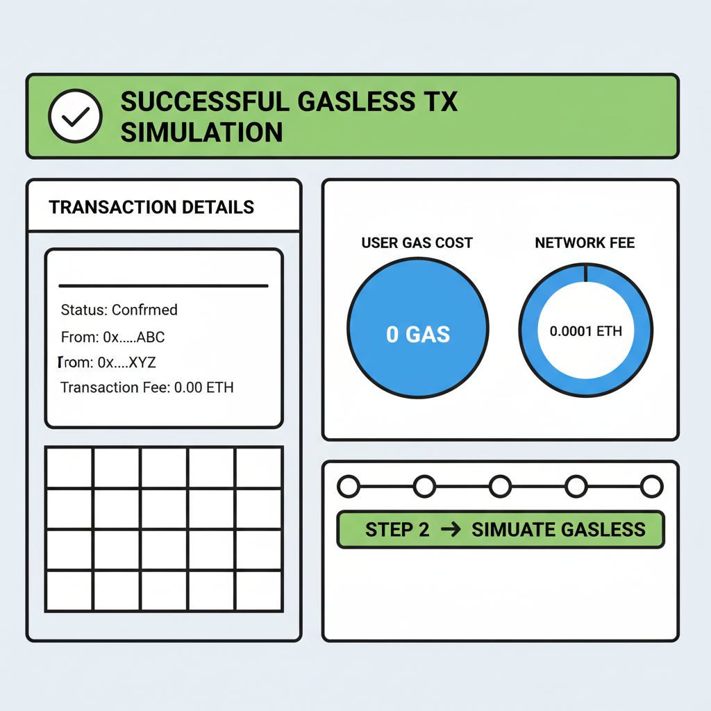 testing dashboard with successful gasless tx simulation, graphs showing zero gas for user