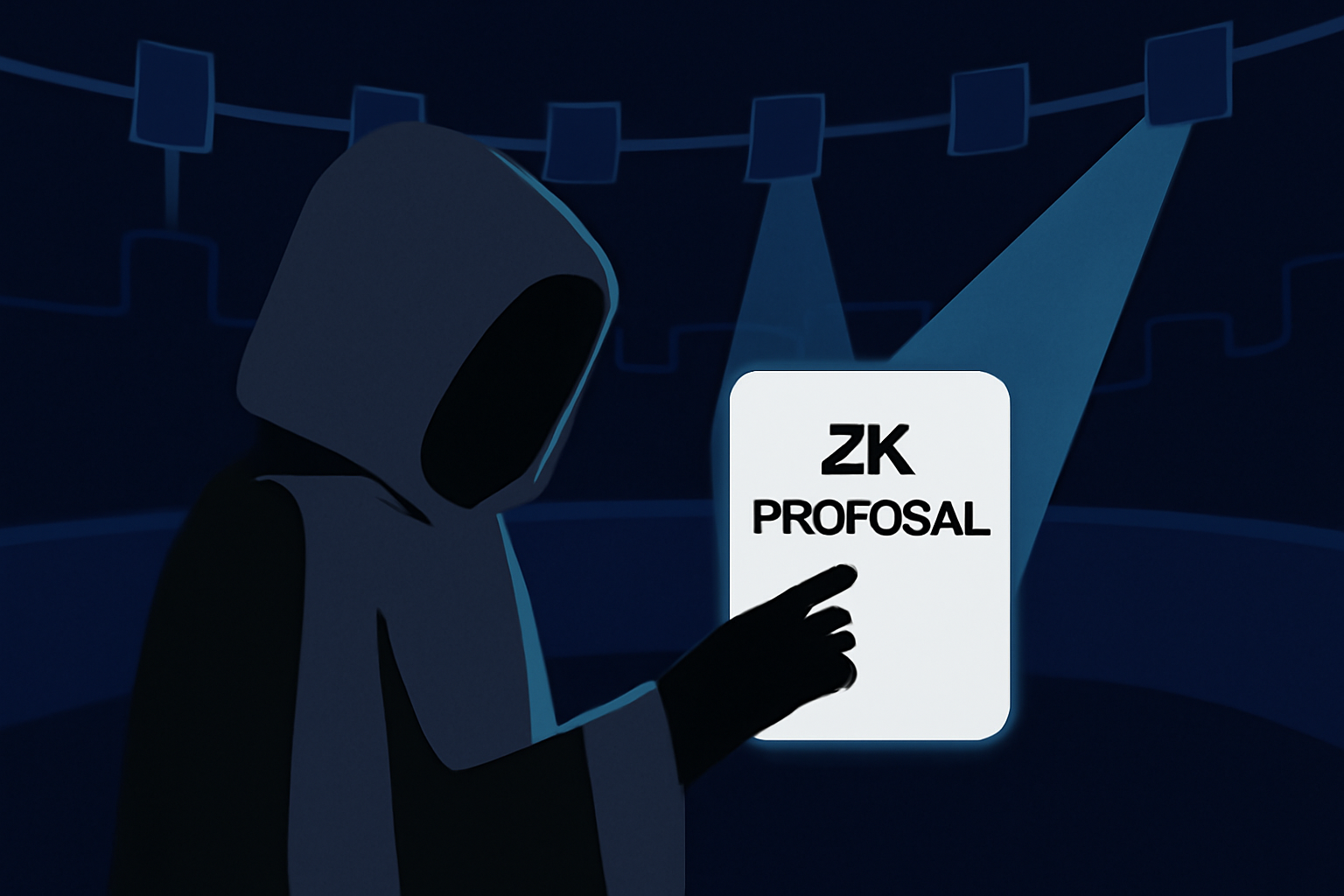 mysterious hooded figure submitting ZK proposal in dark blockchain arena, proof beams