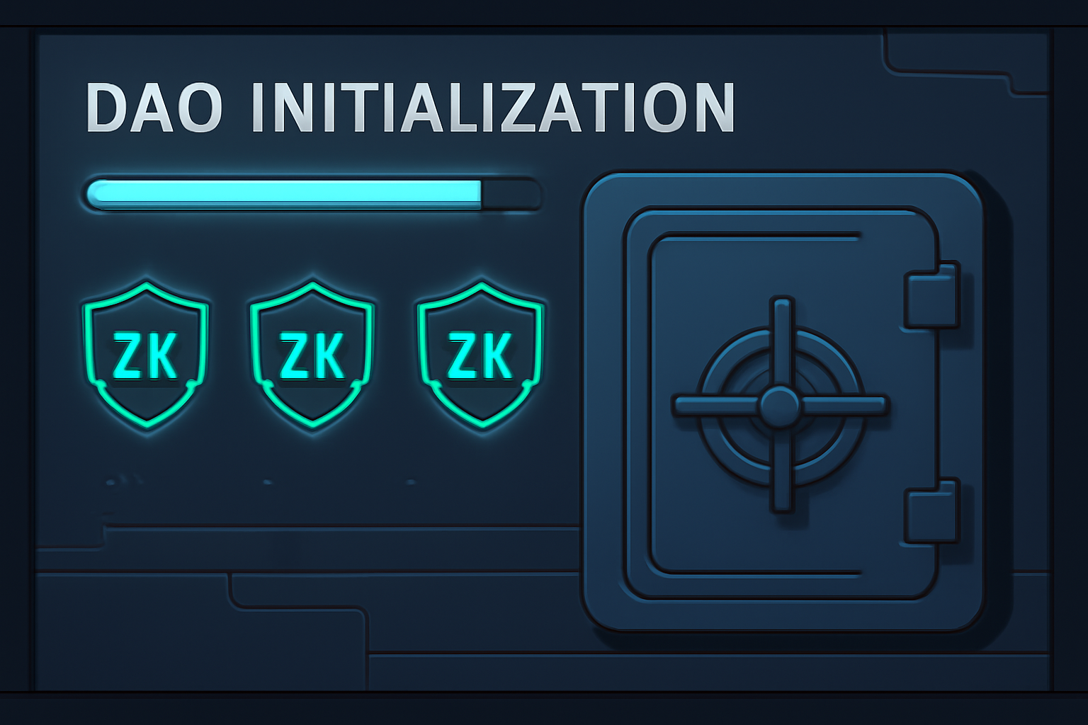 futuristic DAO initialization dashboard, zero-knowledge shields glowing, dark metallic vault