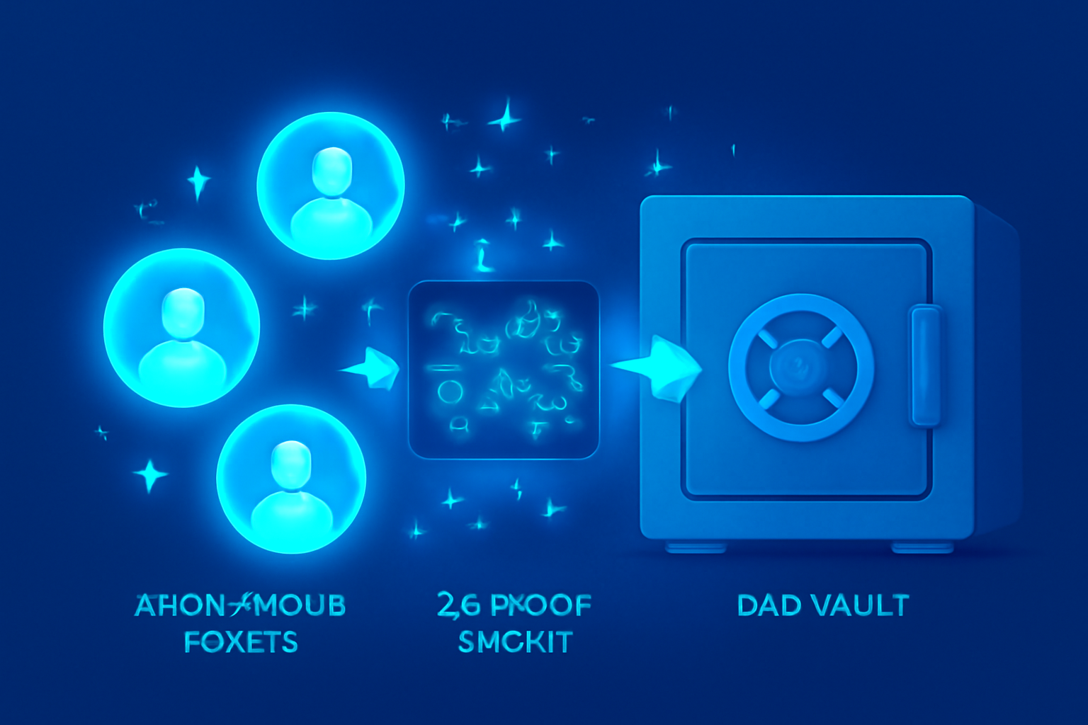 glowing anonymous tokens locking into DAO vault, ZK proof circuits sparkling, ethereal blue