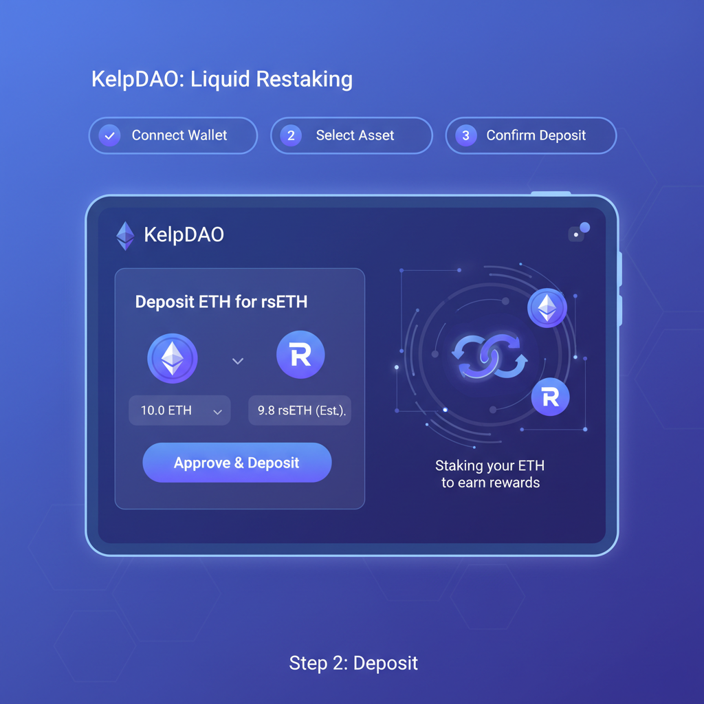 KelpDAO DeFi app depositing ETH for rsETH, sleek Ethereum-themed UI with staking animation