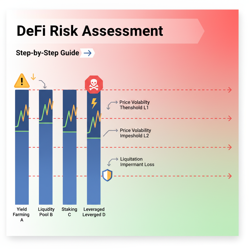 DeFi risk assessment chart with liquidation lines, warning icons for staking strategies