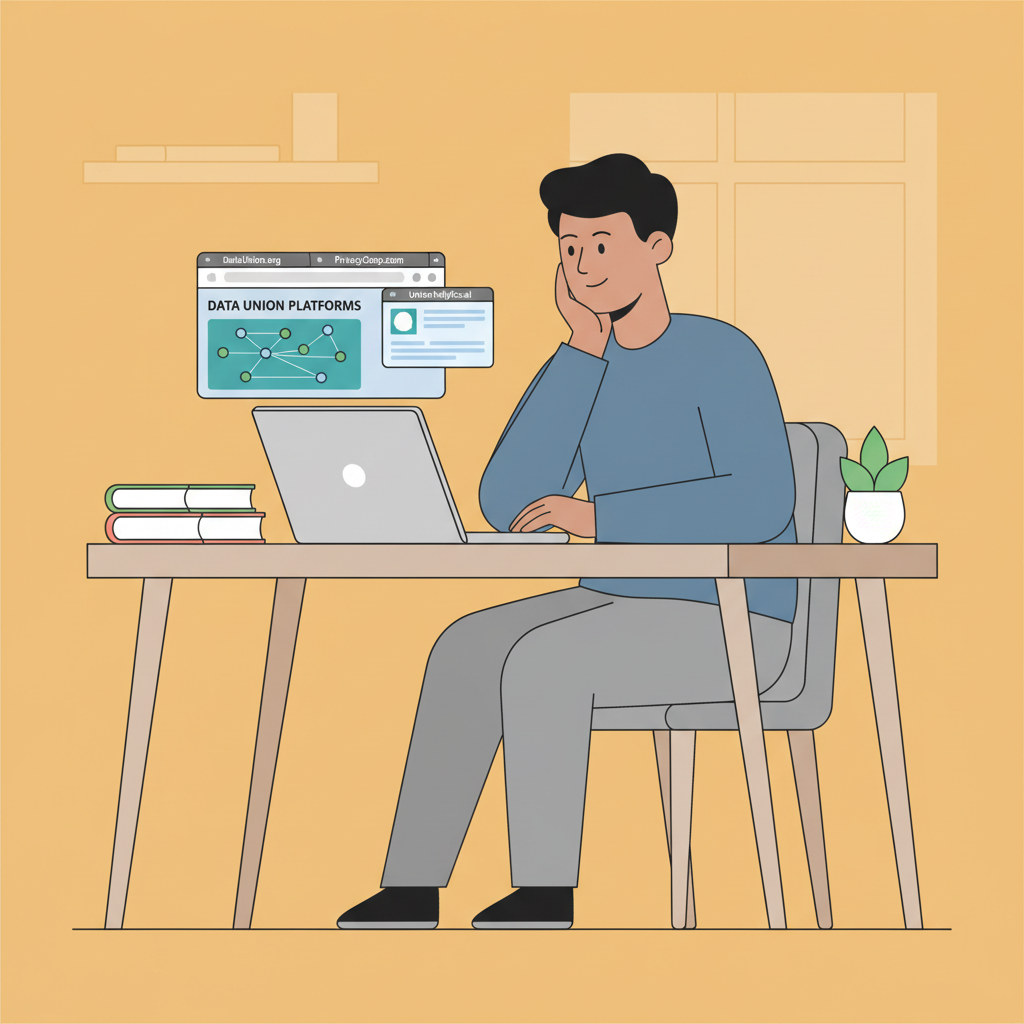 thoughtful person at desk reviewing data union websites on laptop