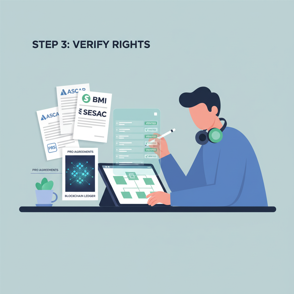 artist at desk verifying music rights documents with PRO logos, blockchain glow, professional vibe