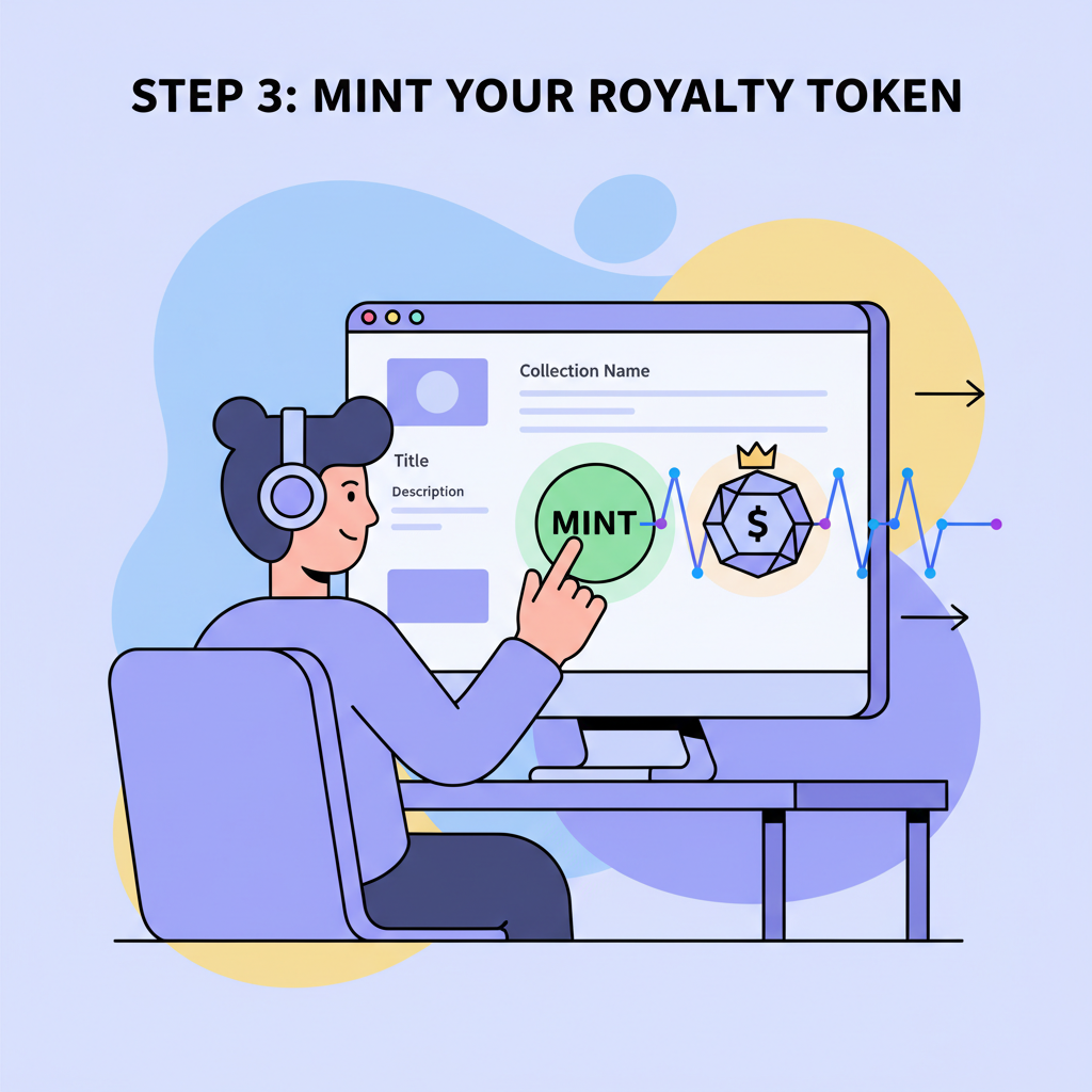 artist clicking mint button on platform, NFT royalty token emerging with music waveform