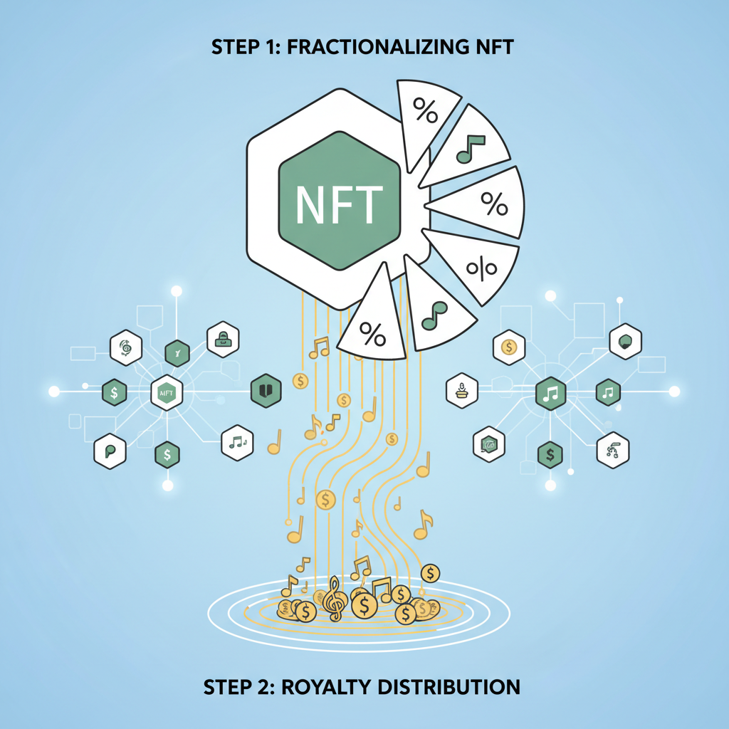 NFT splitting into fractional shares like pie slices, music royalties flowing out, blockchain network