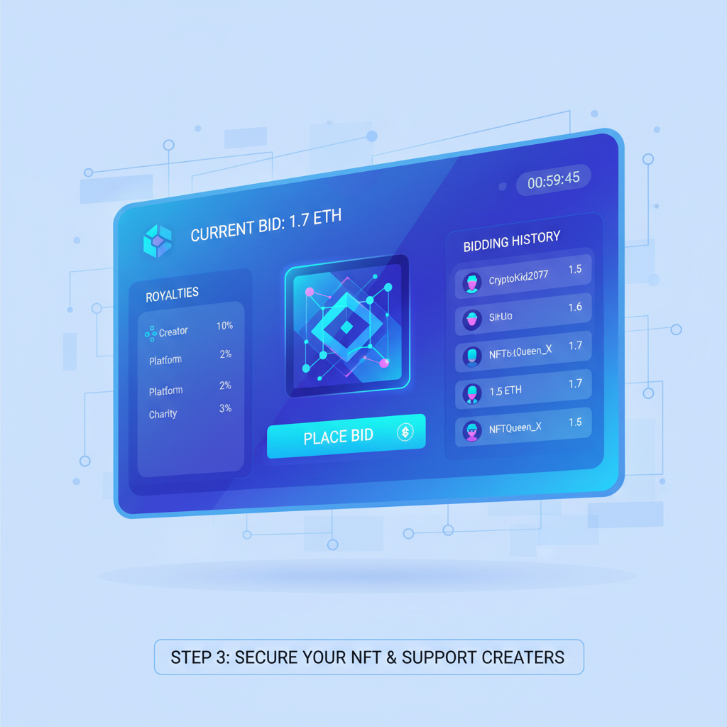 NFT royalties listed on marketplace interface, buyers bidding, futuristic web3 auction vibe
