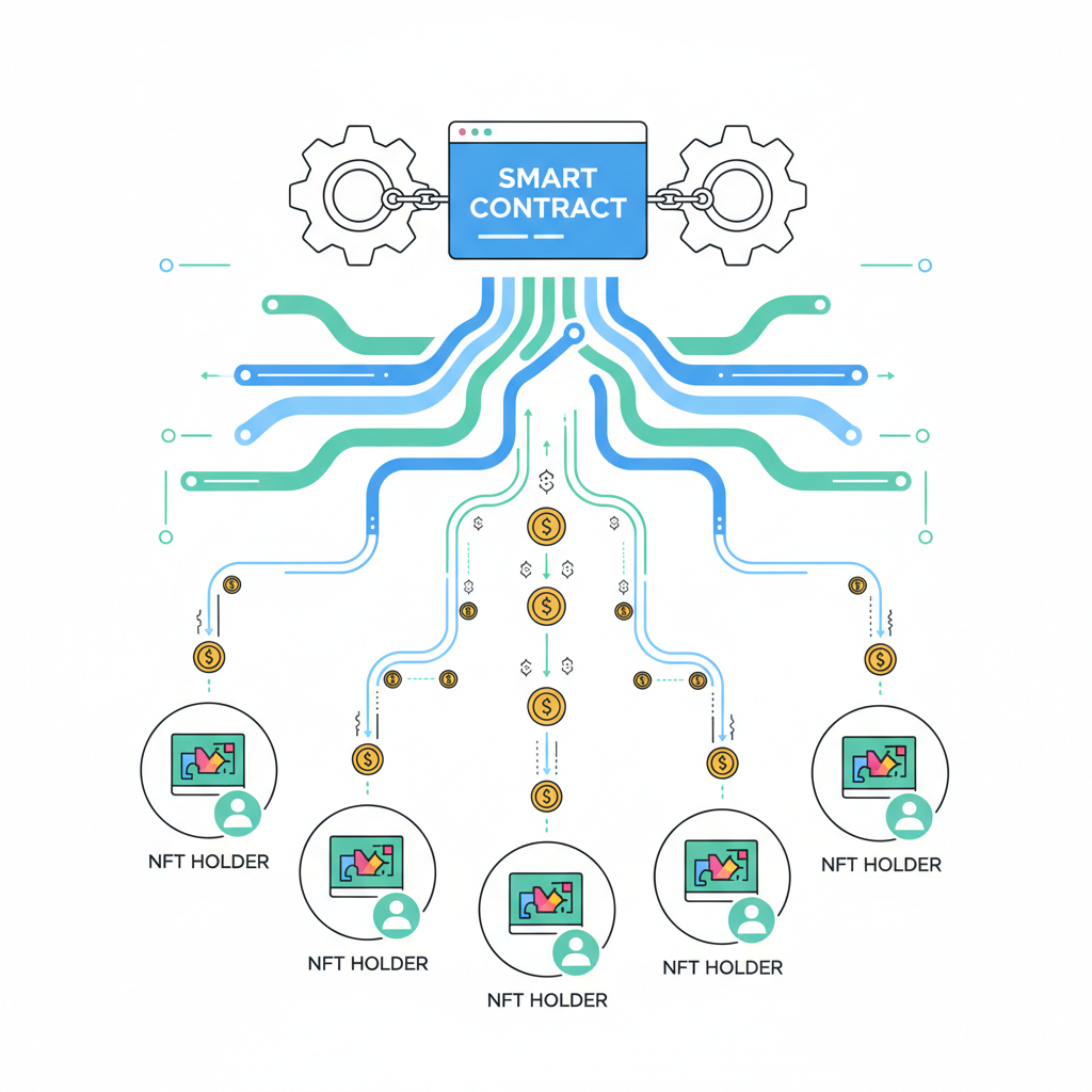 smart contract automating royalty payouts, money flowing from streams to NFT holders, gears and chains
