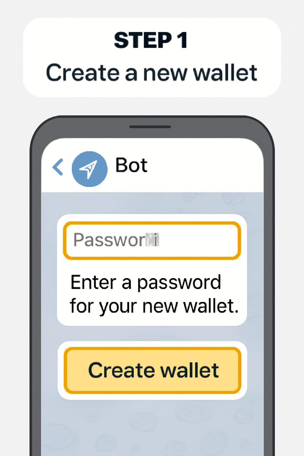 A step-by-step instruction interface from a Telegram bot, with highlighted buttons and fields for wallet creation.