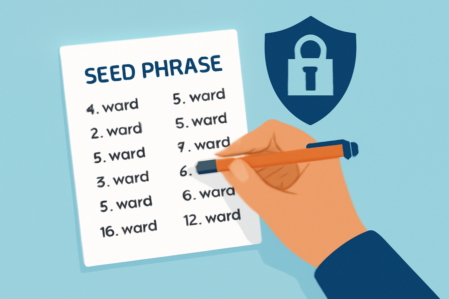 A hand writing a seed phrase on paper, with a lock and shield icon in the background, emphasizing security.