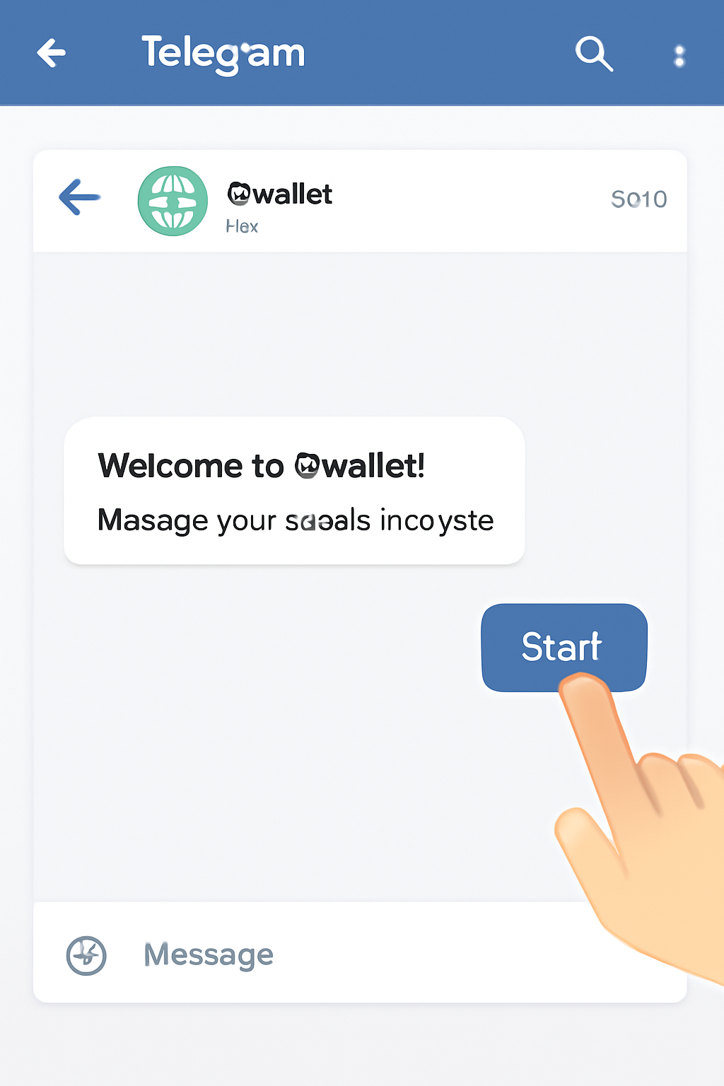 A Telegram chat window with the @wallet bot, showing a welcome message and a 'Start' button being pressed.