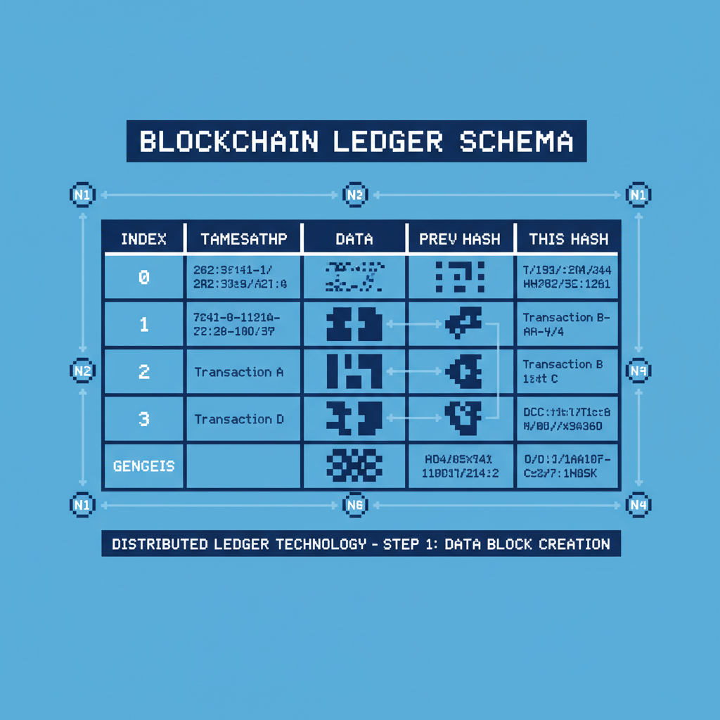 minimalist pixel grid table schema diagram, blockchain nodes, blue tones, technical diagram style