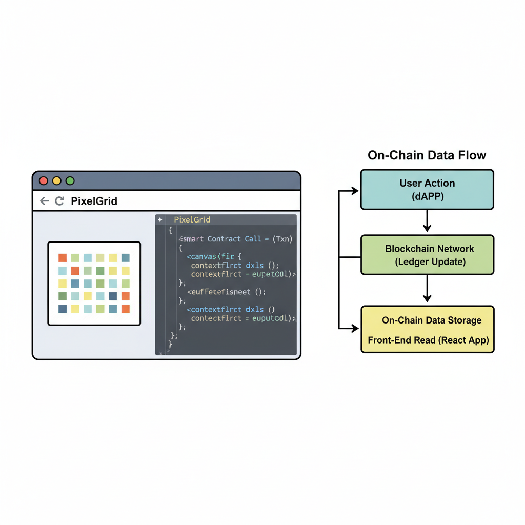 react code snippet rendering pixel grid on browser canvas, on-chain data flow diagram