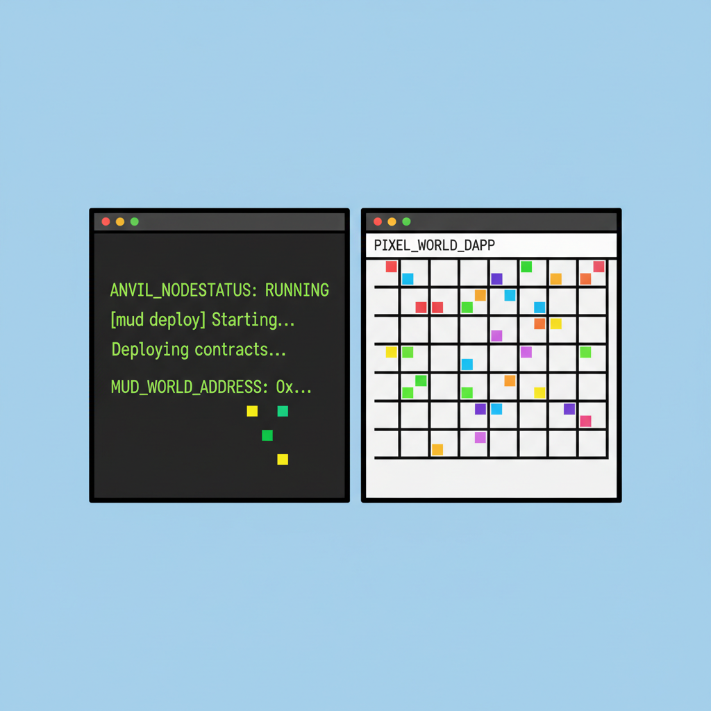 terminal anvil node running mud deploy, pixel updates animating on split-screen browser