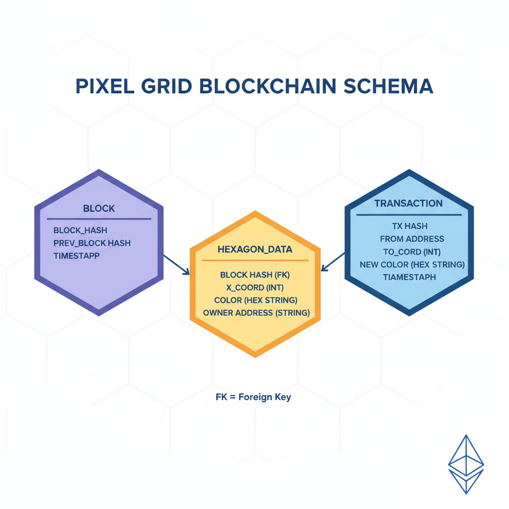 blockchain table schema diagram for pixel grid, hexagons with x y color data, ethereum style