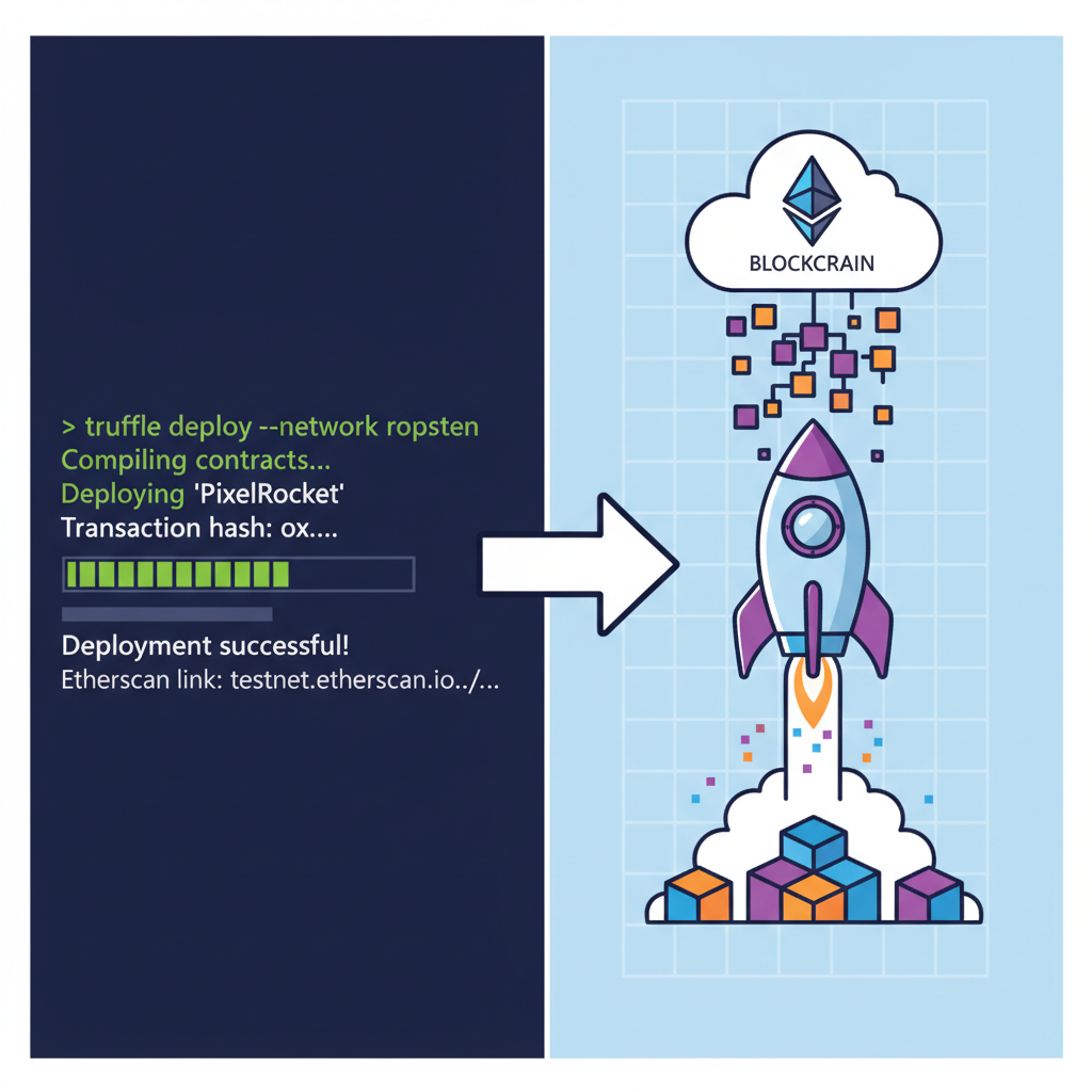 deployment terminal output to ethereum testnet, rocket launching pixels into blockchain